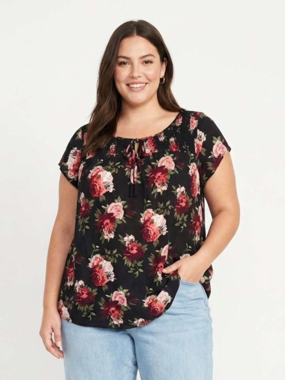 Faded Glory Blouse Black Red Boho Floral Festival Casual Cottage 2X